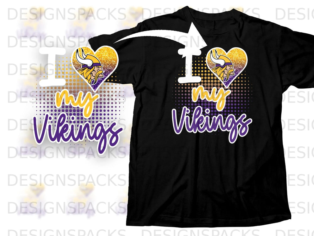 Black t-shirt with "I love my Vikings" text and a Viking helmet in a heart.