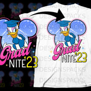 Daisy Duck in graduation cap with "Grad Nite 23" text and star accents.