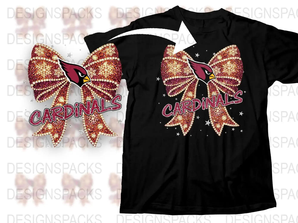 Glitter Cardinals Bow Design T-Shirt, Sparkly Team Spirit Shirt, Cheerleader Fan Gear, Black Unisex Tee