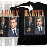 Black t-shirt with "Harvey Specter" text and two images of Harvey Specter.