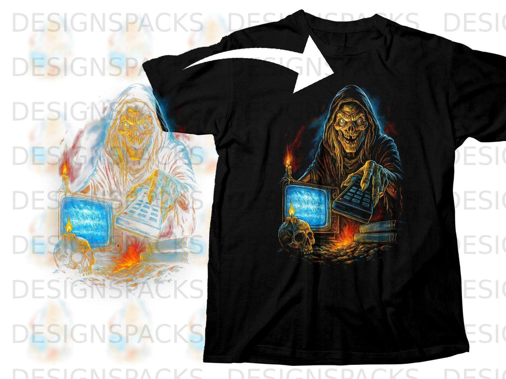 Grim reaper character with skull, candle, and vintage TV on a black t-shirt.