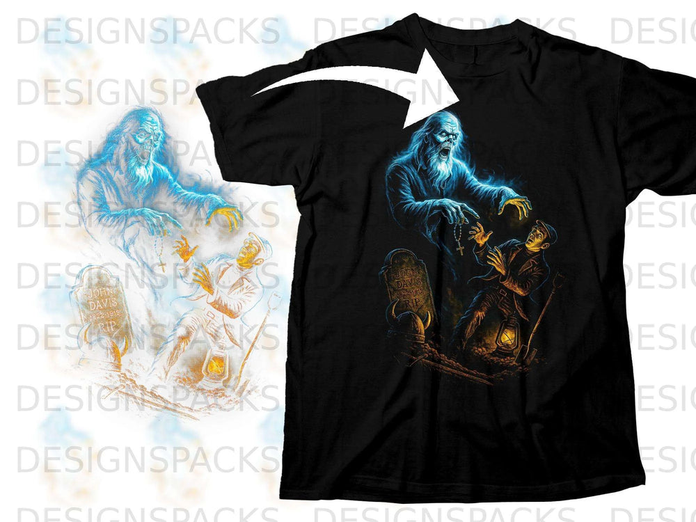 Black t-shirt with graphic of a ghostly figure looming over a man with a tombstone.