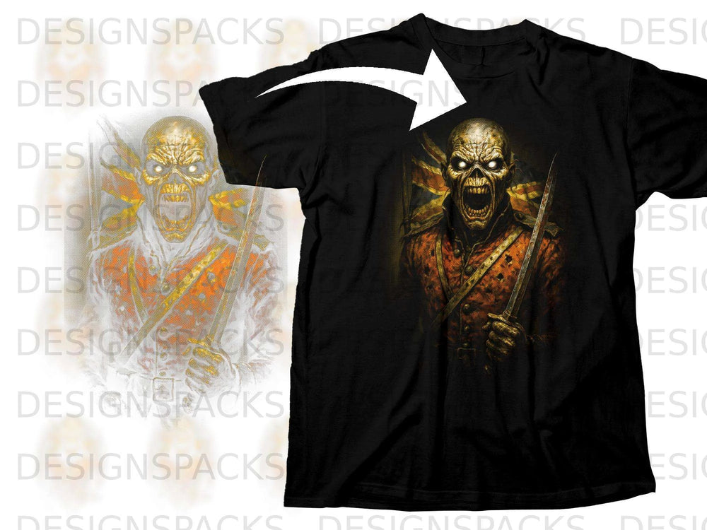 Black t-shirt with a screaming zombie holding a sword against a Union Jack flag.