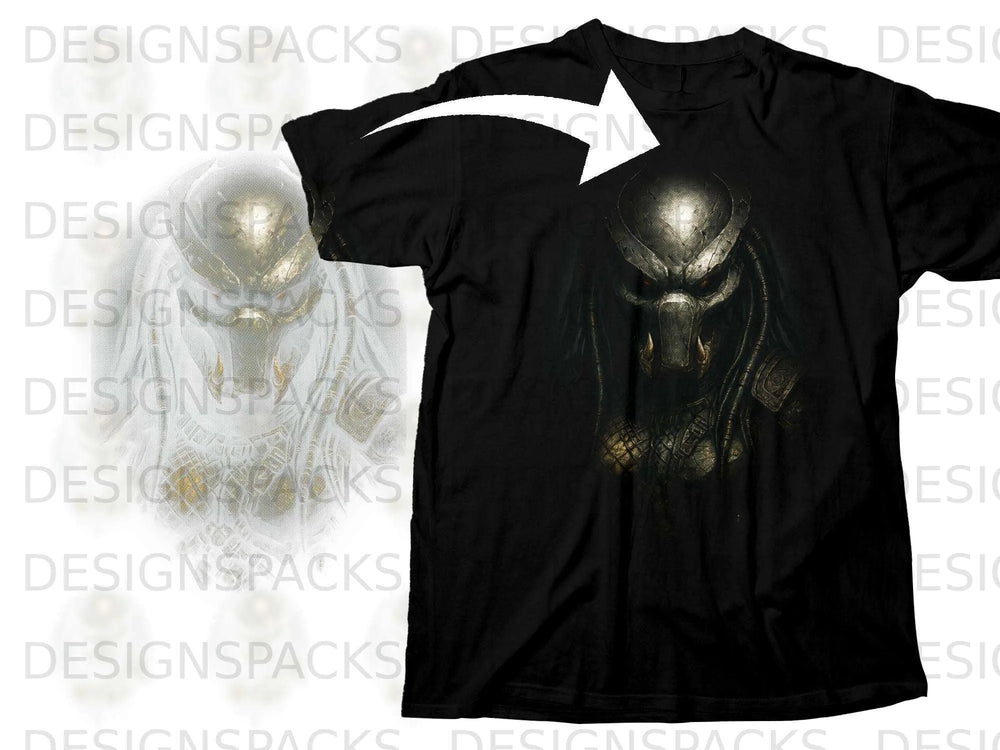 Black t-shirt with a detailed Predator mask graphic and a white arrow.