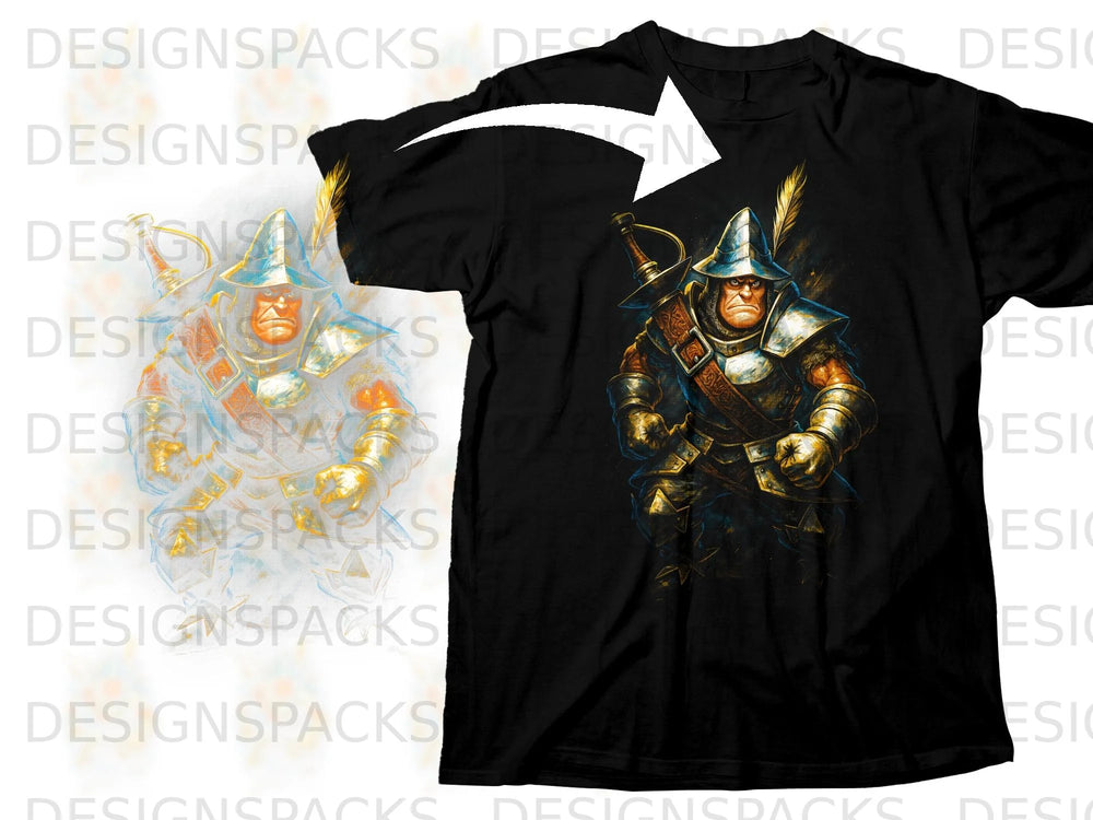 Black t-shirt with an illustration of a stern armored soldier with a sword and feathered helmet.