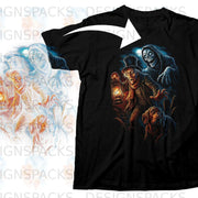 Black t-shirt with a spooky graphic of a grim reaper and man holding a lantern with a dog.