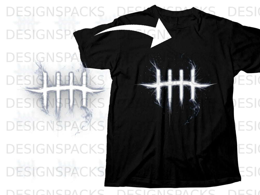 Black t-shirt with a white graphic of three parallel lines with glowing edges.