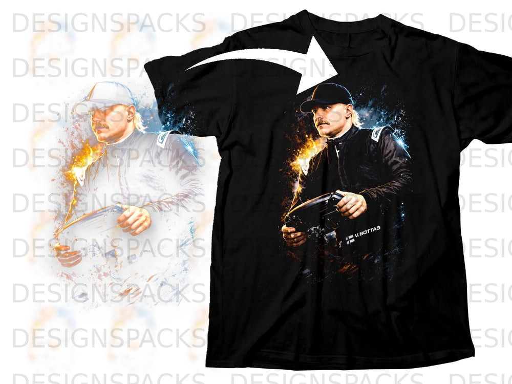 Black t-shirt with graphic of Valtteri Bottas holding a steering wheel.