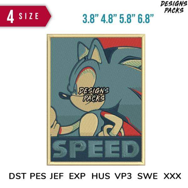 Sonic the Hedgehog embroidery design with 'SPEED' text, available in multiple sizes and formats