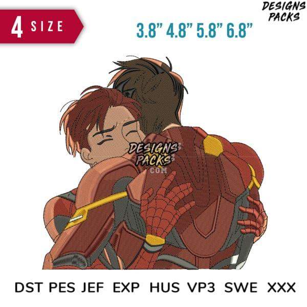 Spider-Man and Iron Man hugging, embroidery design in DST PES JEF formats, 4 sizes available