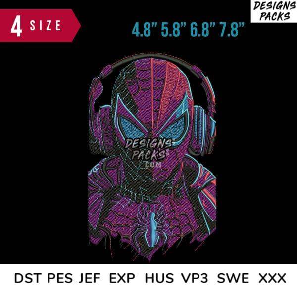 Spider-Man with headphones, neon purple design, 4 sizes, DST PES embroidery formats