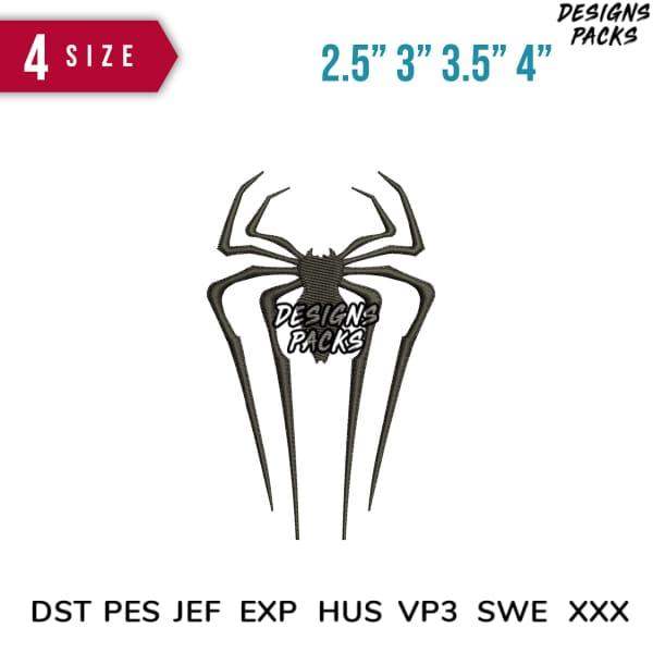Spider embroidery design in 4 sizes, compatible with DST PES JEF formats for machine embroidery projects.