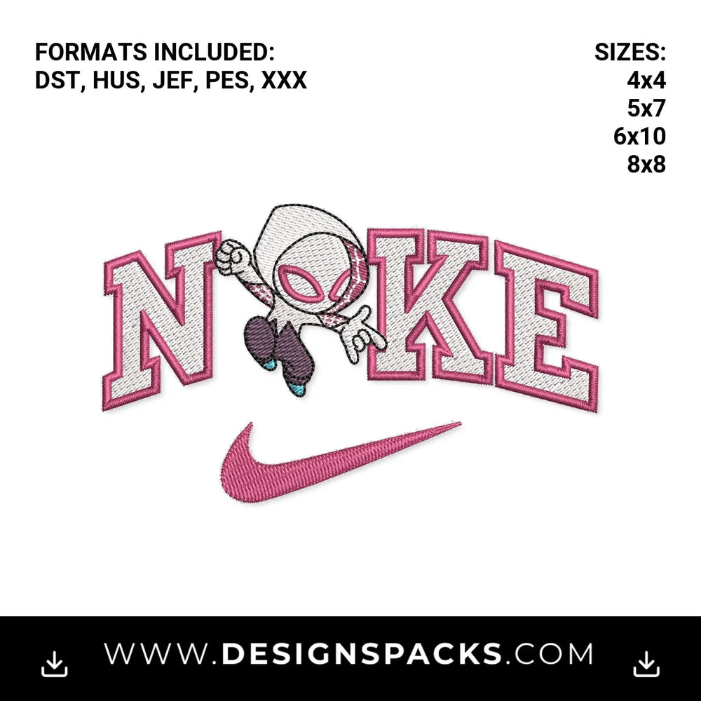 Spider-Gwen Pink Athletic Swoosh Embroidery Design - Instant digital download pattern at Designspacks.com