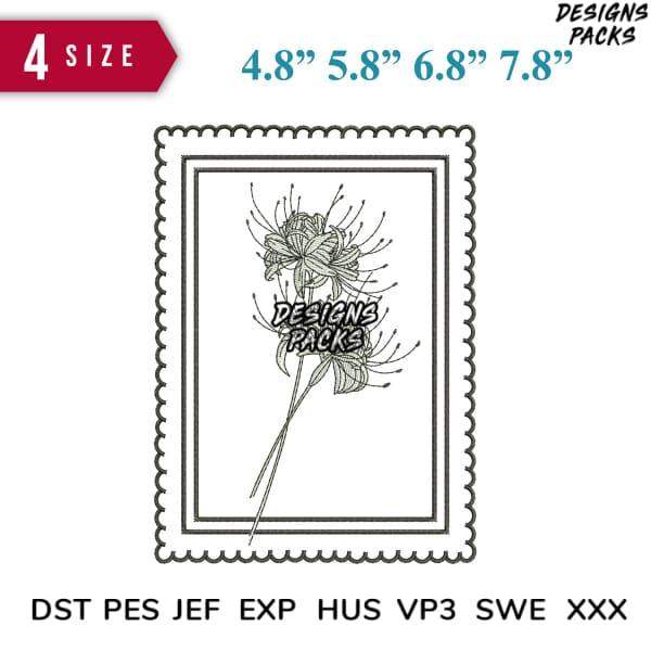 Floral embroidery design in postage stamp frame, available in 4 sizes & multiple formats (DST, PES, JEF, EXP, HUS, VP3, SWE, XXX)