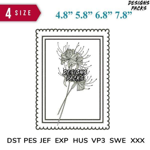 Floral embroidery design in postage stamp frame, available in 4 sizes & multiple formats (DST, PES, JEF, EXP, HUS, VP3, SWE, XXX)