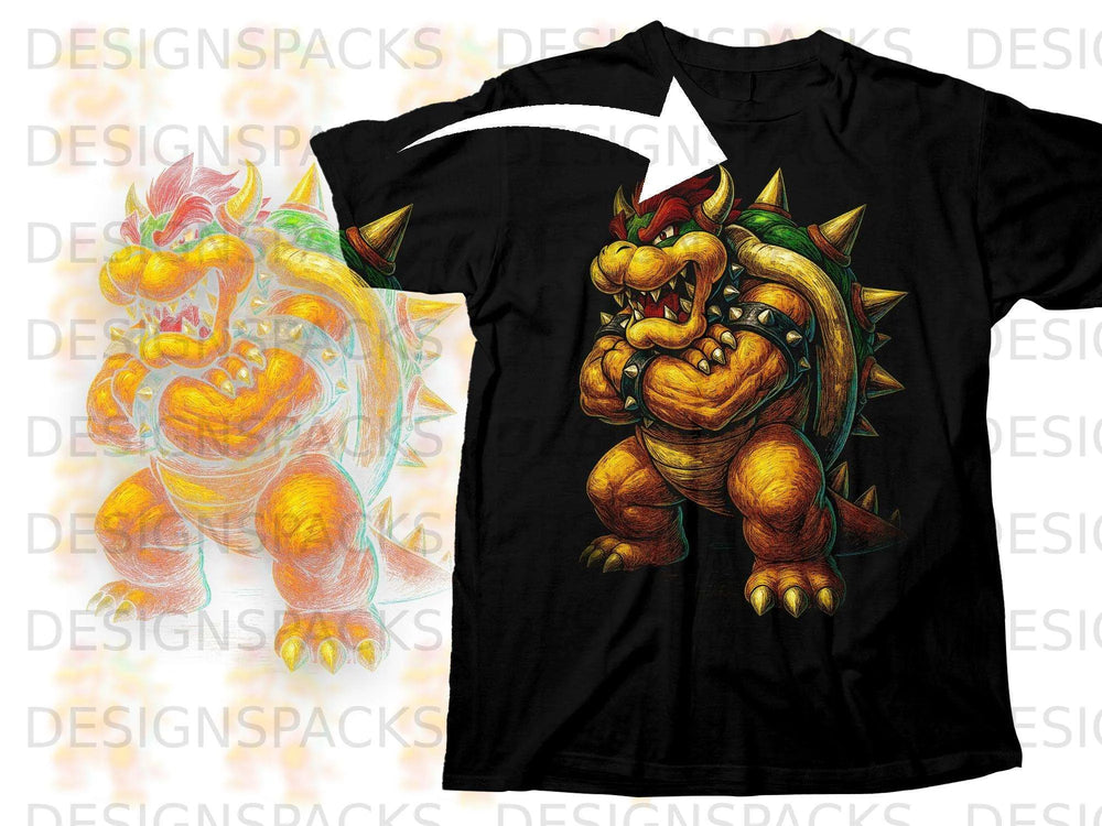 Black t-shirt with Bowser illustration on the front.