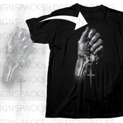 Black t-shirt with graphic of a hand holding rosary beads and a cross.