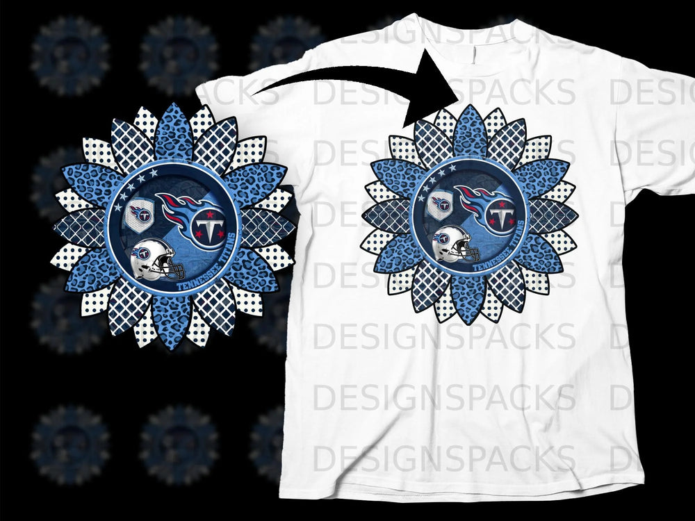 Tennessee Titans sunflower logo on a white t-shirt.