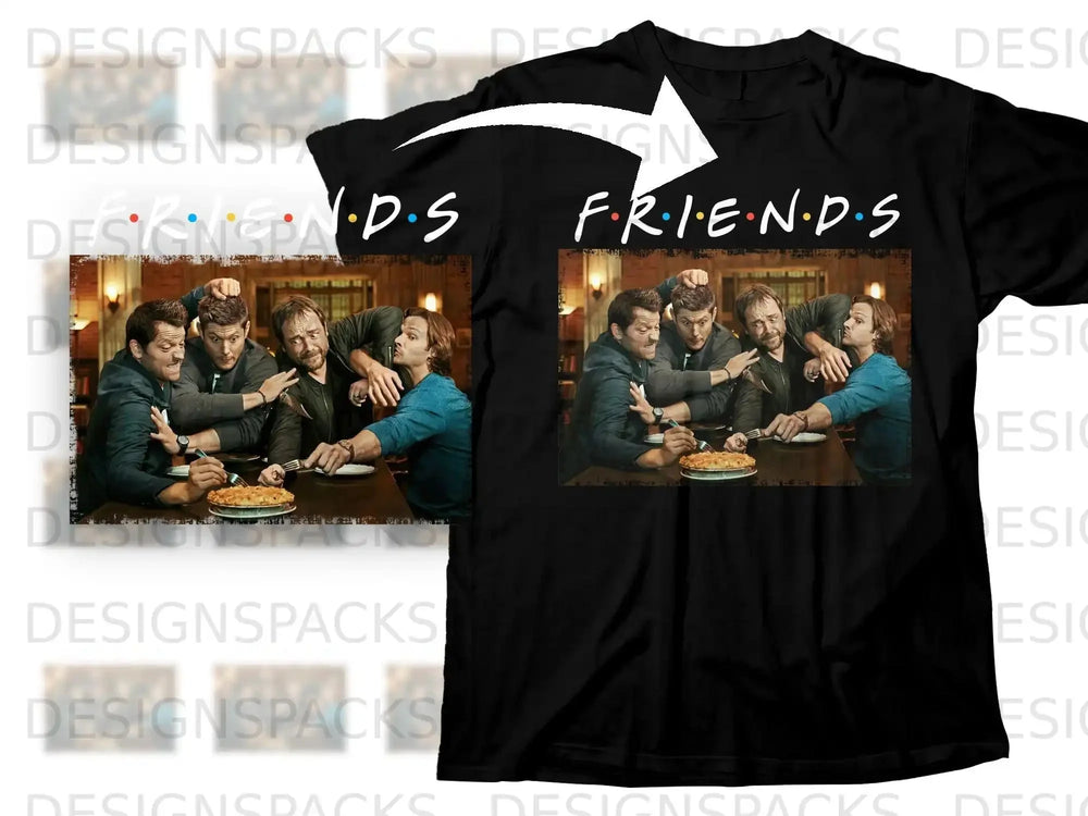Black t-shirt with Friends logo and cast members holding a pie.