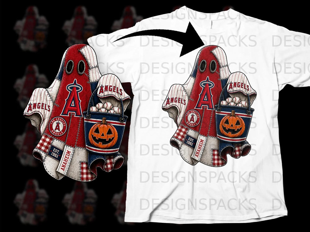 Los Angeles Angels ghost holding pumpkin and baseball bucket, stitched design.