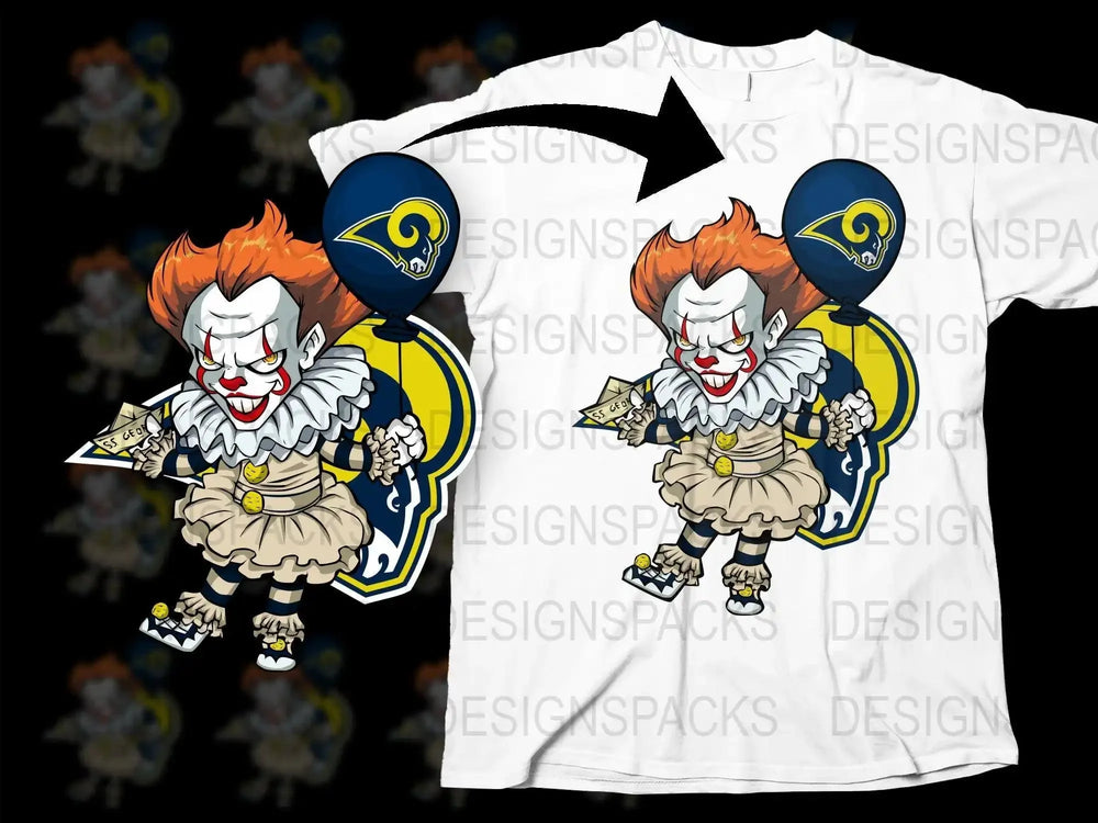 Spooky Clown with Los Angeles Rams Balloon Png Digital Download