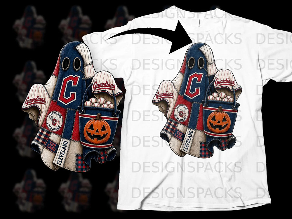 Applique ghost with Cleveland Guardians logo, baseball bucket, and jack-o'-lantern.