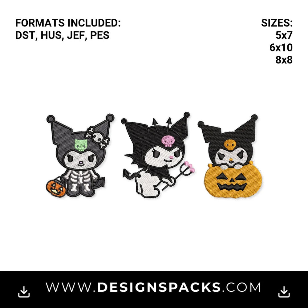 Spooky Halloween Kuromi Trio Embroidery Design - Instant digital download pattern at Designspacks.com
