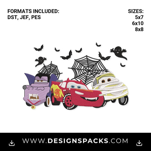 Spooky Halloween Monster Cars Embroidery Design - Instant digital download pattern at Designspacks.com