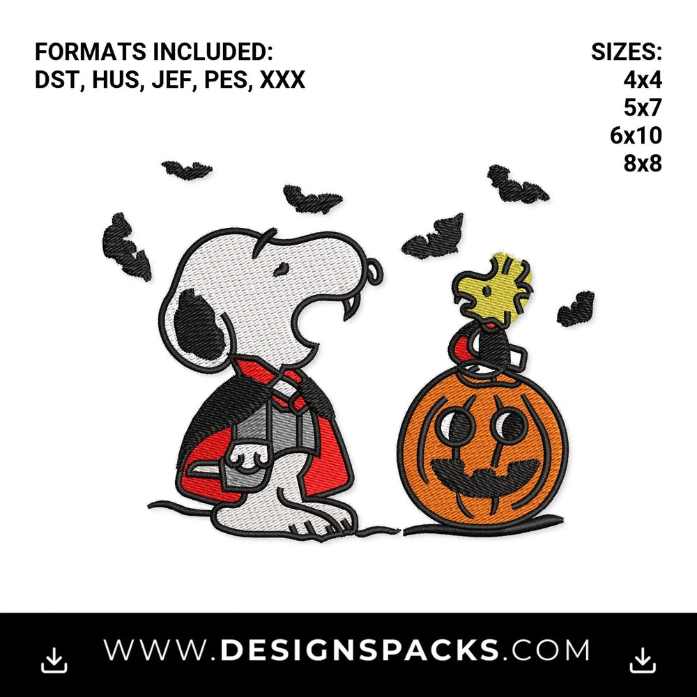 Spooky Halloween Vampire Dog & Pumpkin Embroidery Design - Instant digital download pattern at Designspacks.com