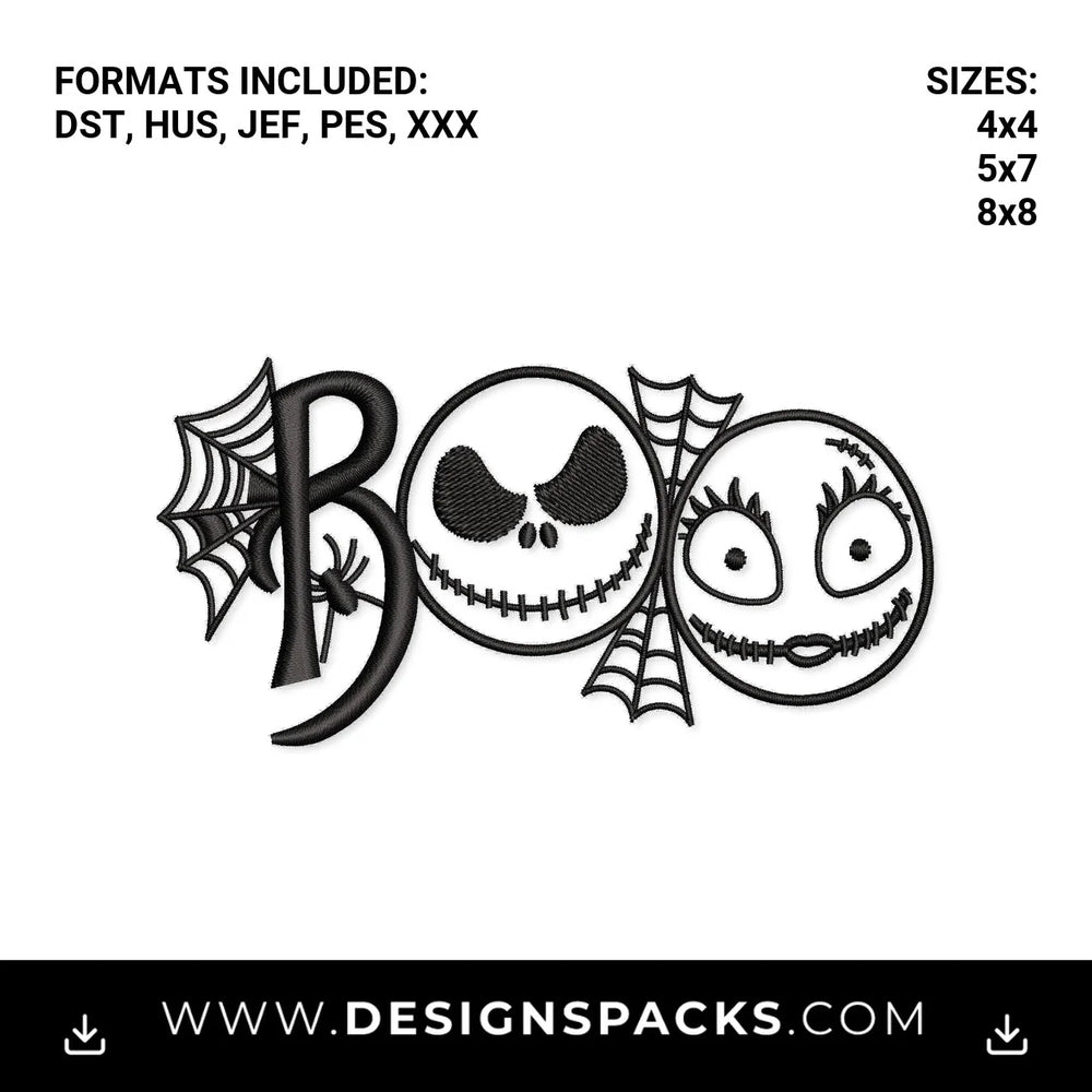 Spooky Jack & Sally Halloween Boo Embroidery Design - Instant digital download pattern at Designspacks.com