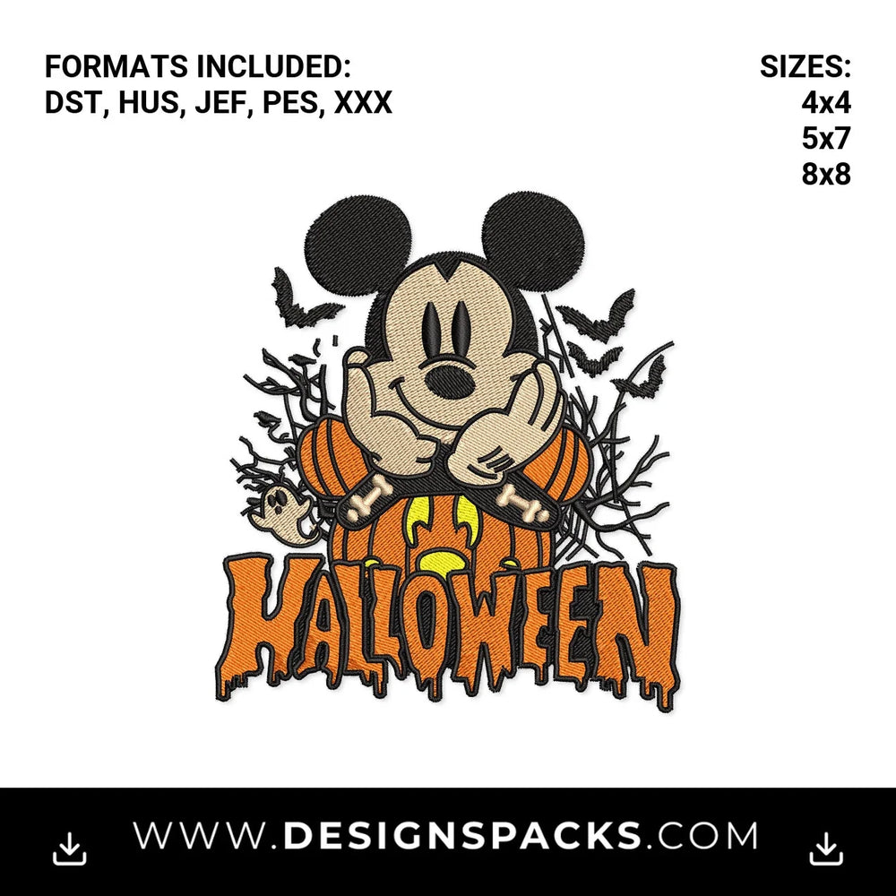 Spooky Mouse Halloween Pumpkin Embroidery Design - Instant digital download pattern at Designspacks.com