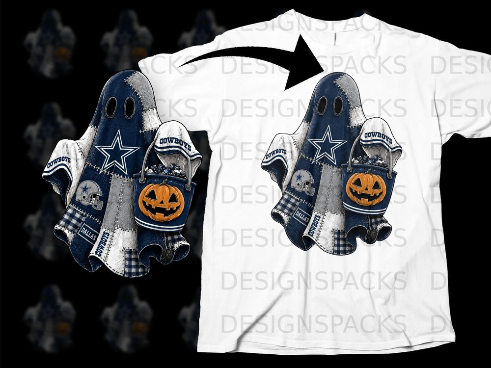 Dallas Cowboys ghost with pumpkin bucket on white t-shirt mockup.