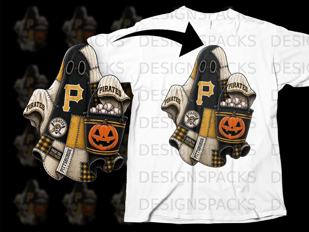 Pittsburgh Pirates themed ghost with pumpkin and baseballs, on a white t-shirt.