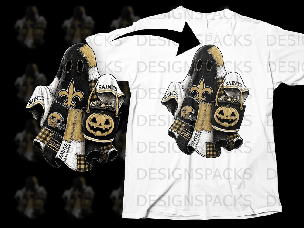 Ghost design with Saints logo, pumpkin, and candy bucket on a white t-shirt.