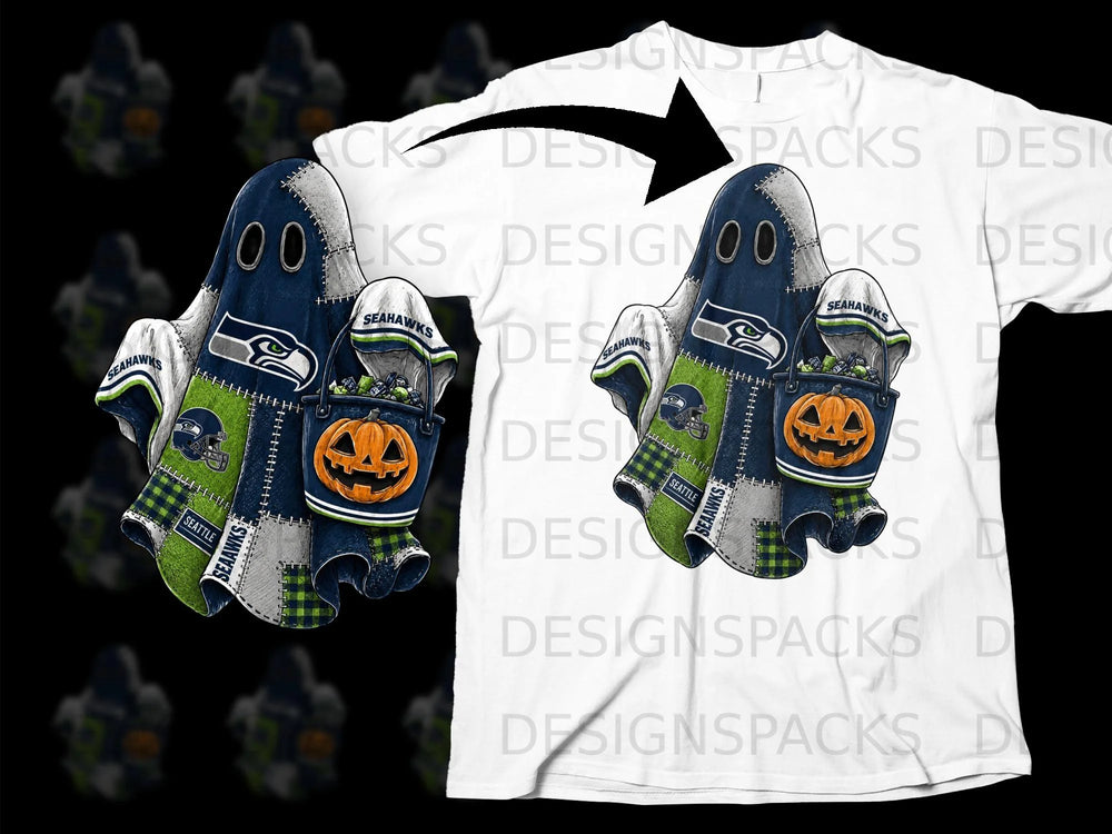 Seattle Seahawks ghost with pumpkin and candy on a white t-shirt.