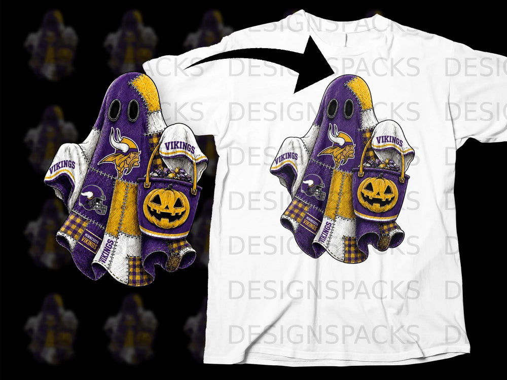Minnesota Vikings ghost holding a pumpkin bucket with football helmets and candy.