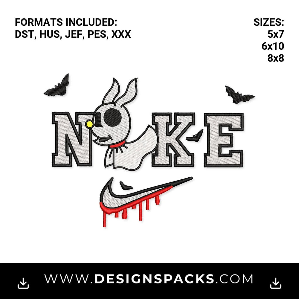 Spooky Zero Ghost Dog Nike Swoosh Embroidery Design - Instant digital download pattern at Designspacks.com