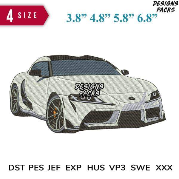 White sports car embroidery design in multiple sizes, compatible with DST PES JEF formats for instant download.