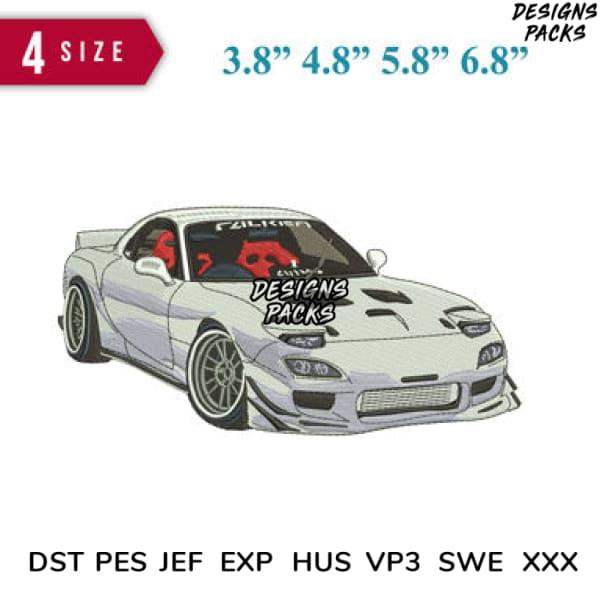 Custom car embroidery design in 4 sizes, compatible with DST PES JEF formats for instant download.