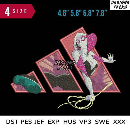 Spider-Gwen embroidery design in 4 sizes, print-ready formats for DTG, DTF, and tumbler wraps.