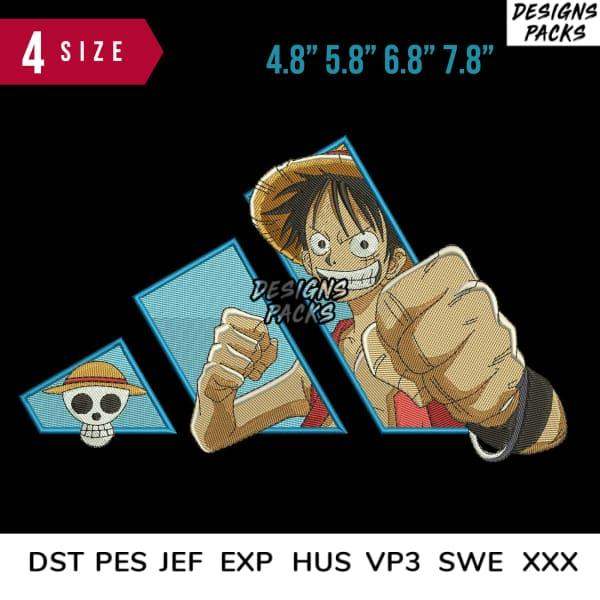 One Piece Luffy embroidery design in 4 sizes, compatible with DST PES JEF formats for instant download.