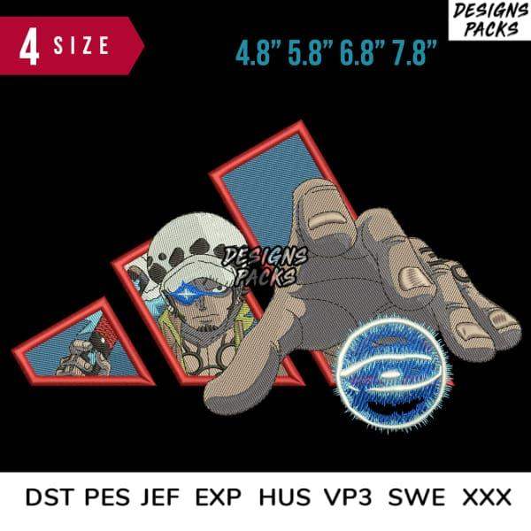 Embroidery design featuring anime character, hand, and logo in multiple sizes, compatible with DST, PES, JEF formats.