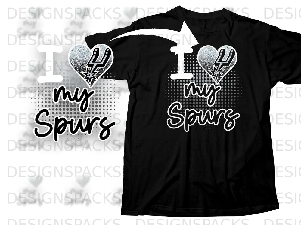 Black t-shirt with "I my Spurs" graphic featuring hearts and team logo.