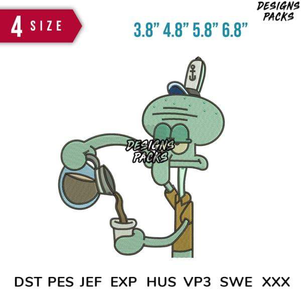 Squidward pouring coffee embroidery design in 4 sizes, DST PES JEF formats for instant download