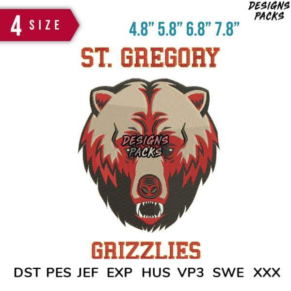 St. Gregory Grizzlies bear head embroidery design in 4 sizes, DST PES JEF formats for instant download
