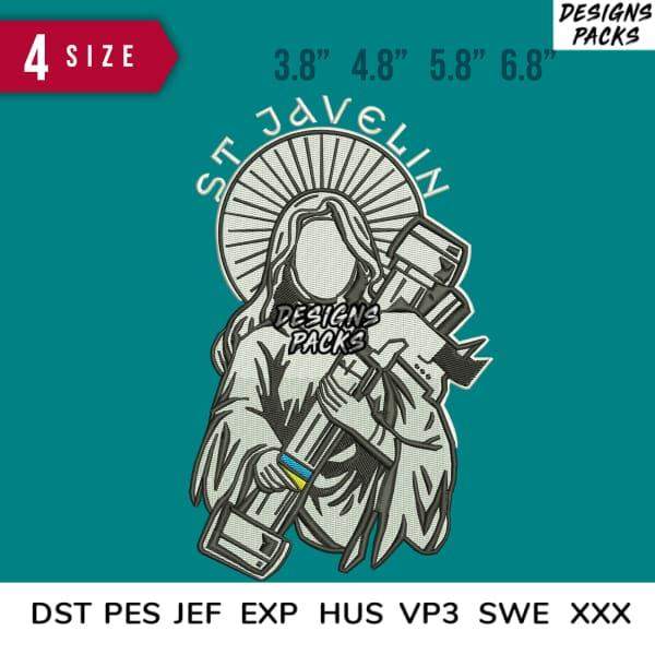 St Javelin embroidery design in 4 sizes, DST PES JEF formats, print-ready for DTG/DTF