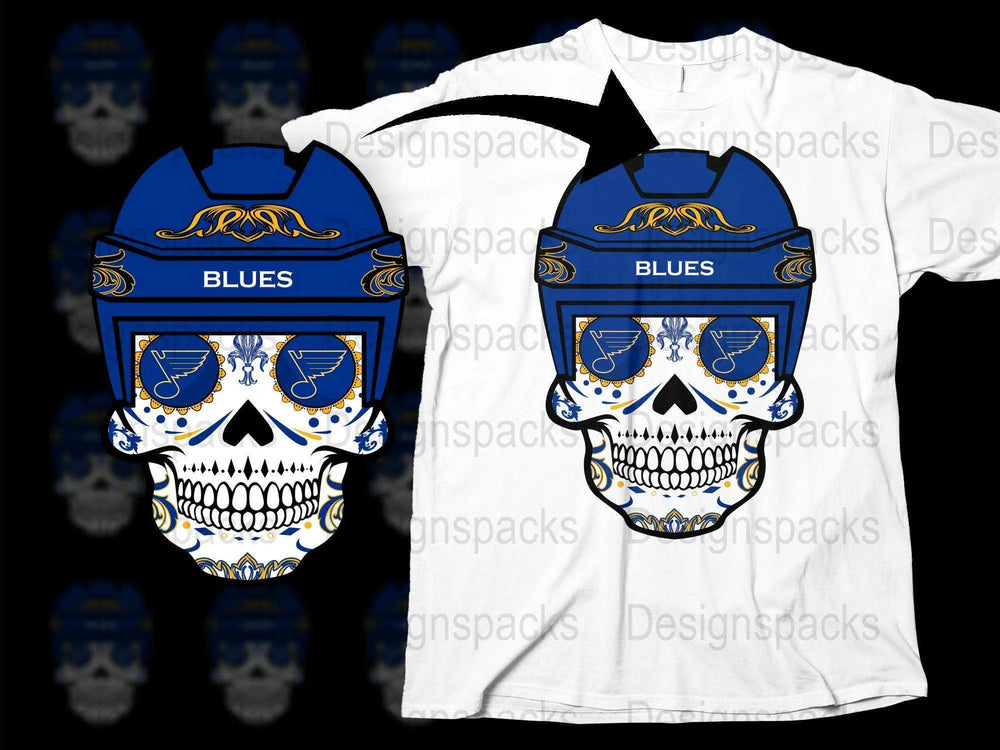 Blues Hockey Skull T-Shirt, Blue and Gold Skeleton Graphic Tee, Sports Fan Apparel, Unique Ice Hockey Clothing