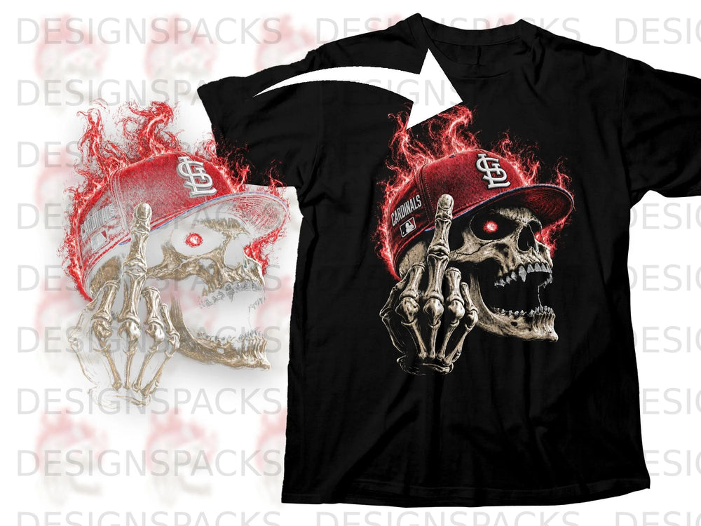 Black t-shirt with a flaming skull wearing a Cardinals baseball cap.