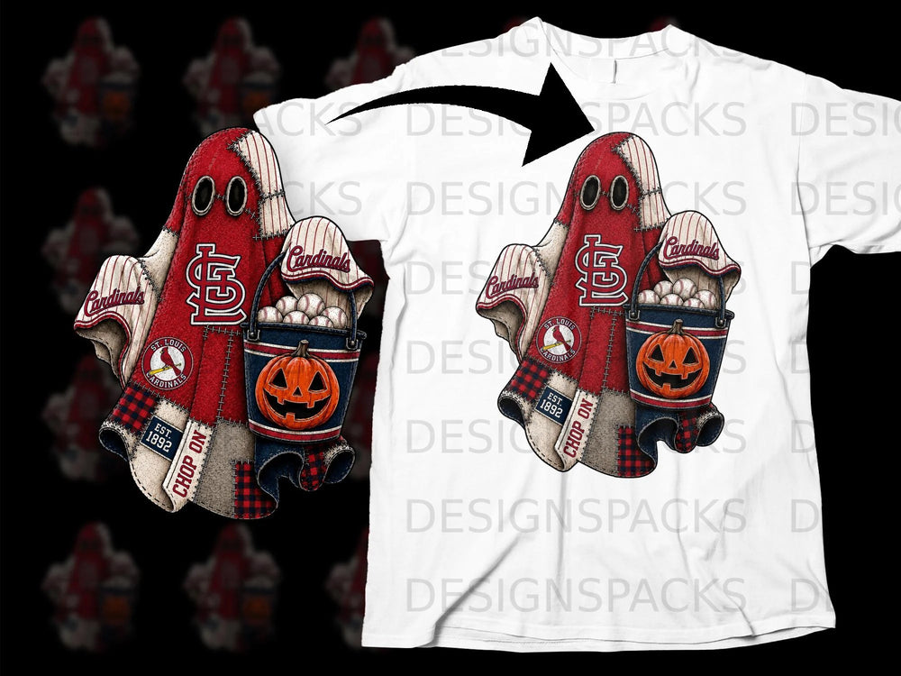 St. Louis Cardinals ghost with baseball bucket, pumpkin, and "Chop On" text.