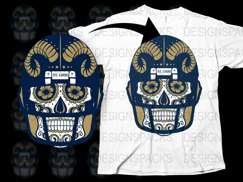 St. Louis Themed Skull T-Shirt, Blue and Yellow Horned Skull Graphic Tee, Unique Sports Fan Apparel